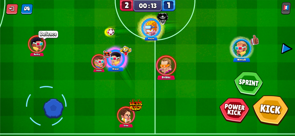 MamoBall - Soccer Game - Top-down view of a competitive 4v4 soccer match in MamoBall featuring customized characters and mobile game controls