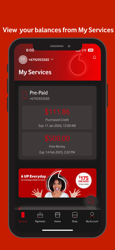 My Vodafone Fiji - Mobile app interface of My Vodafone Fiji showing prepaid account balances and promotional offers
