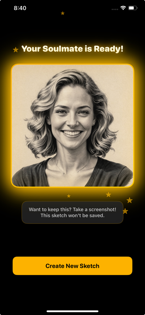An AI-generated portrait of a smiling woman as a soulmate sketch in the Amora app