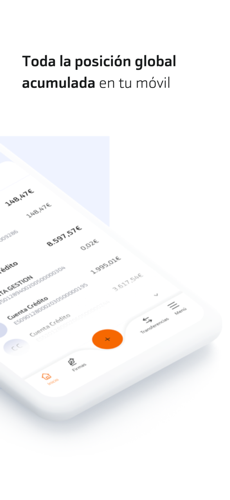グローバルビジネス口座の状況と財務残高を表示するBankinter Empresasモバイルアプリのインターフェース
