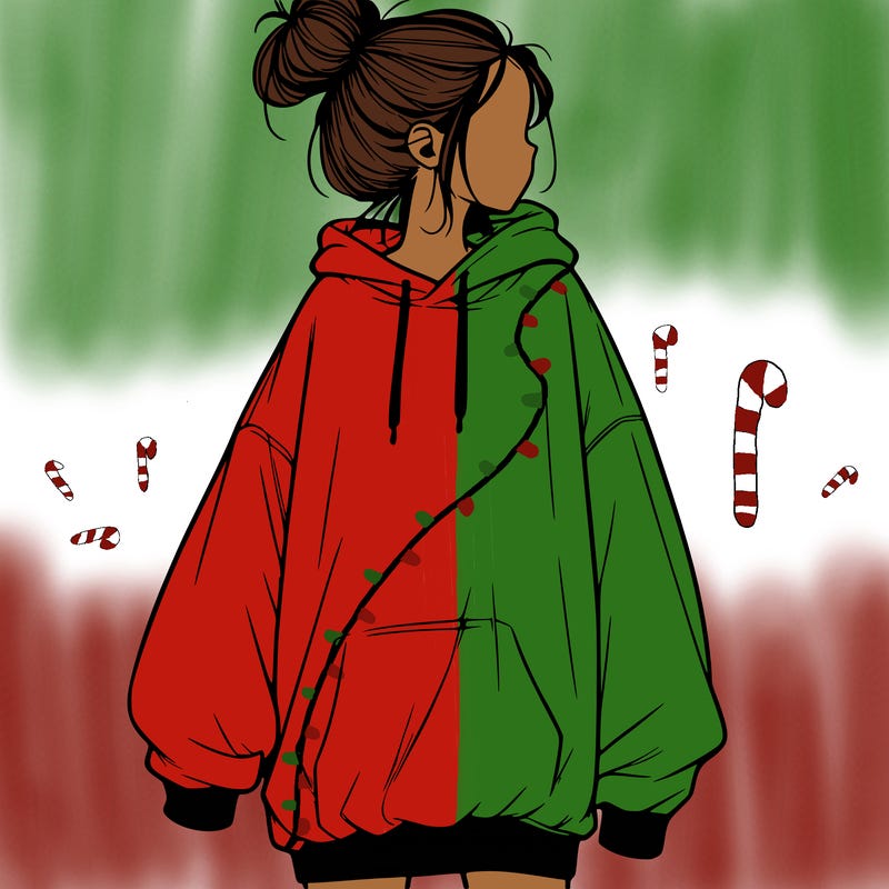 realistic girl with a oversized sweatshirt on and a bun