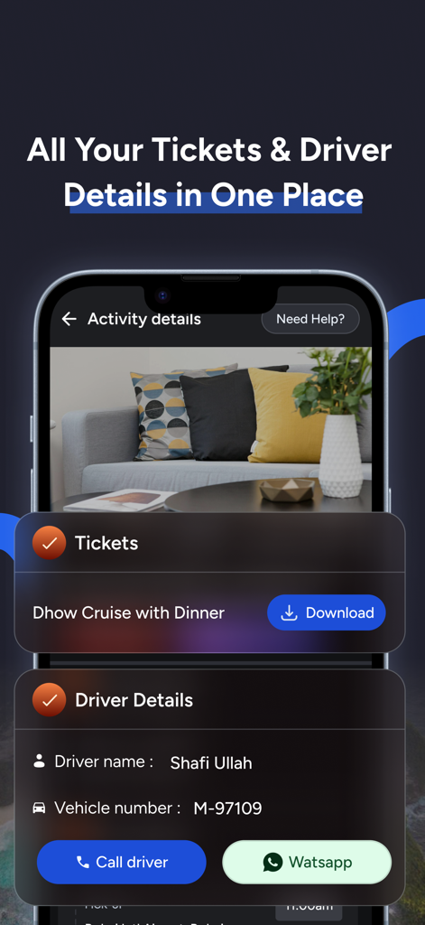 YourHoliday - YourHoliday app interface showing travel tickets and driver contact details in one place