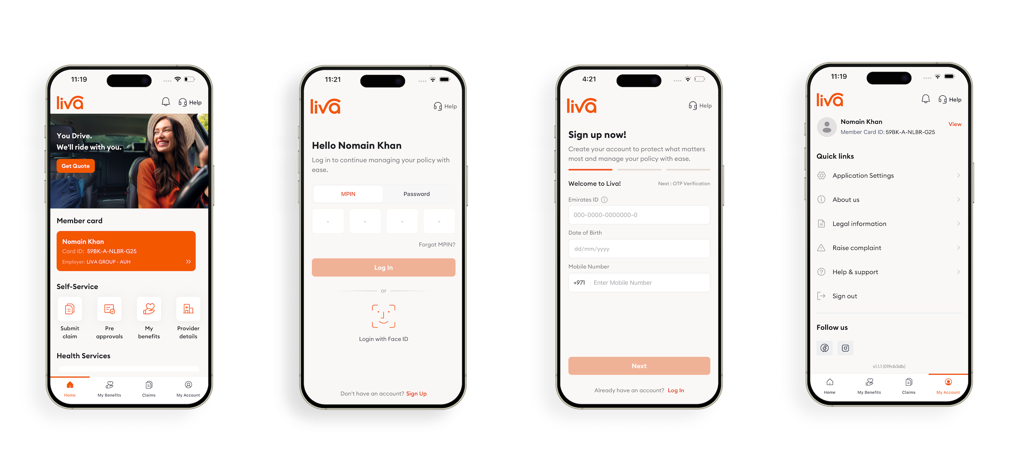 Liva UAE - Four screens of the Liva UAE mobile app showing the dashboard, biometric login, user registration, and account settings