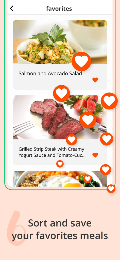 Keto Recipes & Meal Plans - Captura de pantalla de la pantalla de favoritos de la aplicación Keto Recipes que muestra comidas guardadas como ensalada de salmón y filete a la parrilla con iconos de corazón