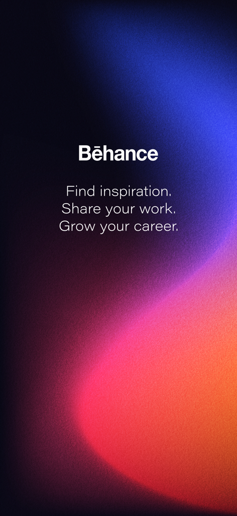 Behance App Splash Screen mit dem Logo und dem Slogan Finden Sie Inspiration, Teilen Sie Ihre Arbeit, Wachsen Sie Ihre Karriere auf einem farbenfrohen Farbverlaufshintergrund.