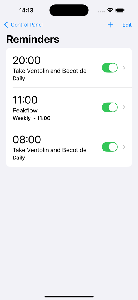 Track My Asthma - Interface showing daily medication and weekly peak flow reminders in the asthma tracking app