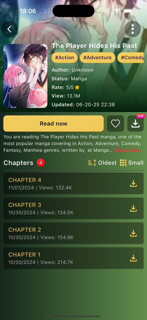 Manga Reader - Manga Nelo - Screenshot of the Manga Nelo app showing the chapter list and details for the series The Player Hides His Past.