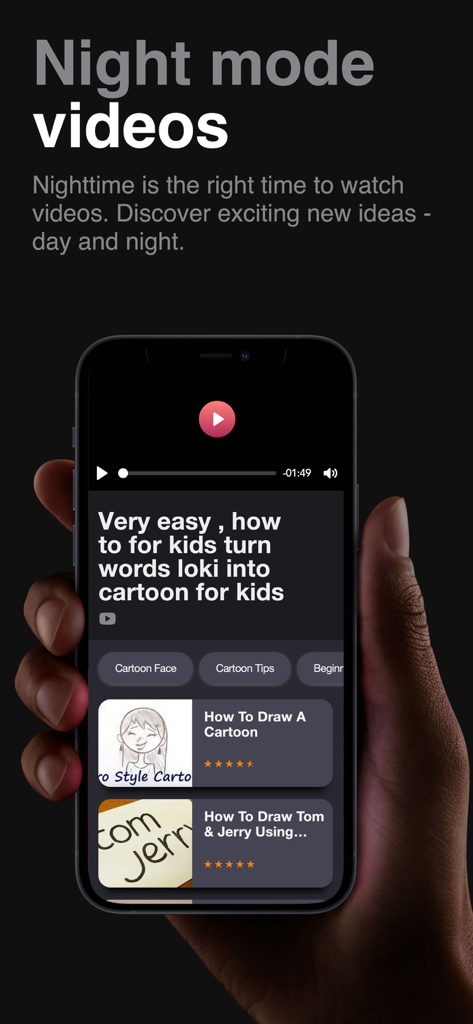 How to Draw Cartoons App - Pantalla de smartphone mostrando la app para Dibujar Dibujos Animados en modo nocturno con tutoriales en video para dibujar personajes de dibujos animados.