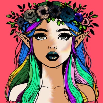 realistic elven girl with lips and flowers crown