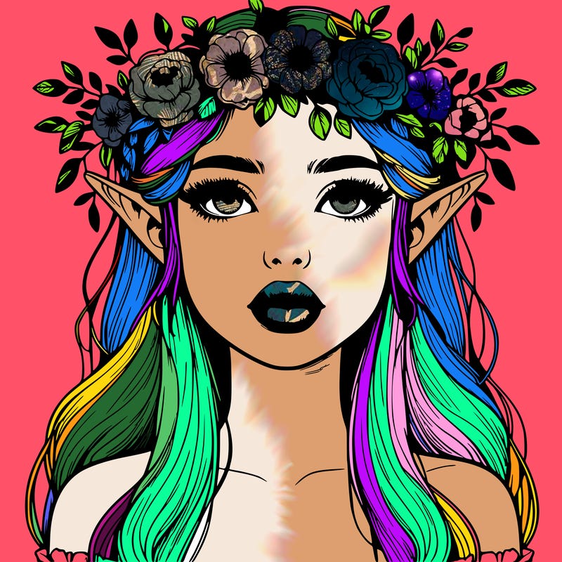realistic elven girl with lips and flowers crown