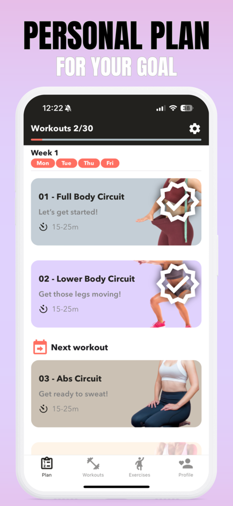 Lose Belly Fat Workout At Home - A personalized 30-day workout plan screen for women featuring full body, lower body, and abs circuits in the Lose Belly Fat app.