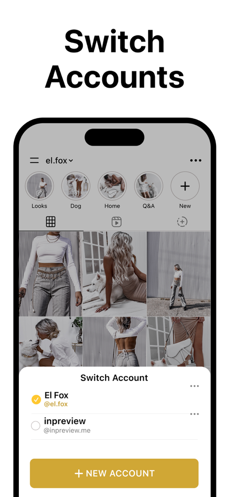 Layout for Instagram・Inpreview - Mobile app screen showing how to switch between different Instagram accounts within the Inpreview layout planner.