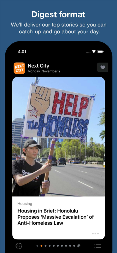Next City News - Interfaz de la aplicación Next City News mostrando un resumen de noticias sobre leyes de vivienda y temas sociales