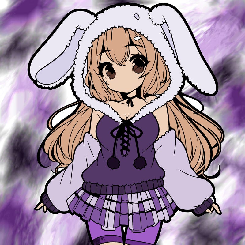 pretty anime girl wearing a fluffy hoodie with bunny ears on the hood and a skirt