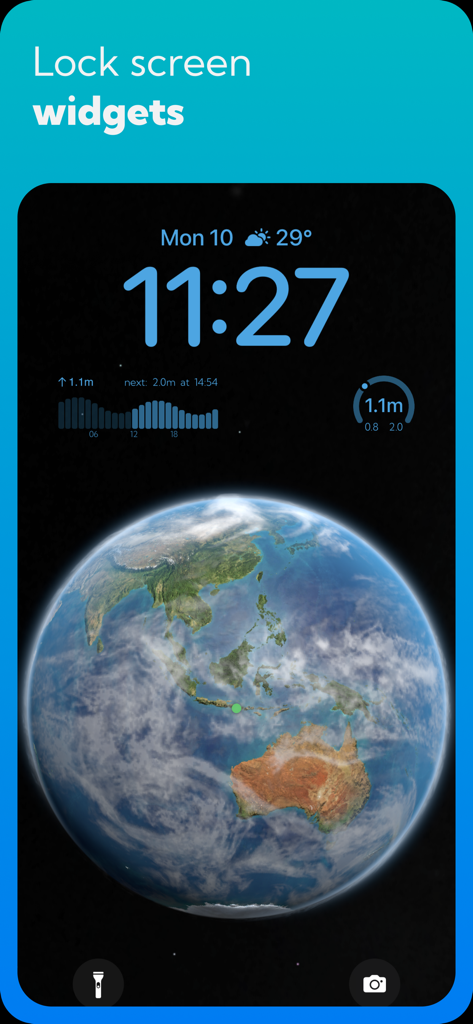 Bali Tide Forecast - iPhone lock screen displaying Bali Tide Forecast widgets with current tide data and chart