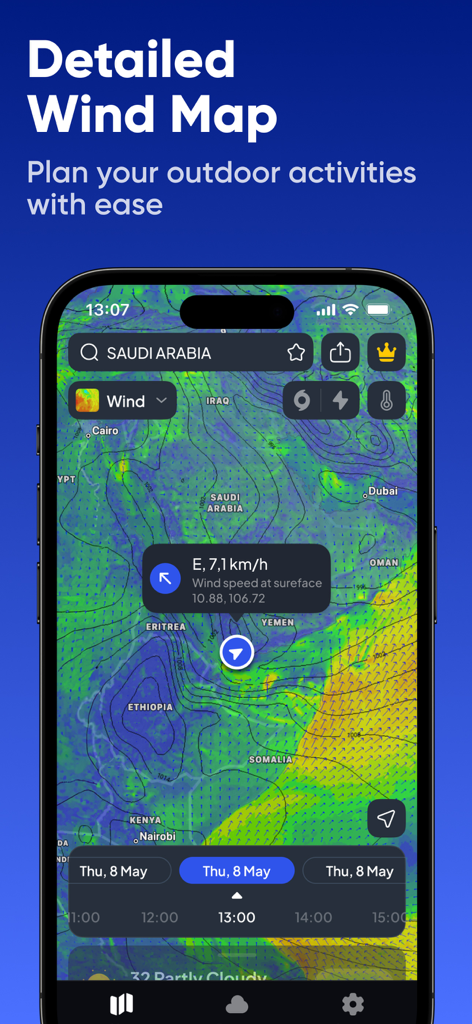 NOAA: Weather Radar & Forecast - Una pantalla de aplicación móvil que muestra un mapa de viento interactivo detallado con datos de velocidad y dirección del viento para la planificación de actividades al aire libre