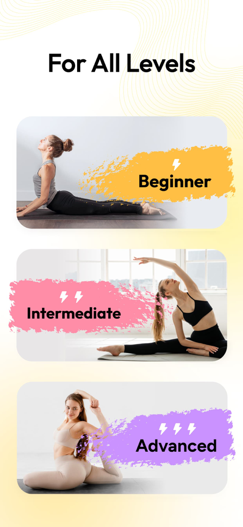 Pilates at Home, Wall Pilates - Pilates app interface showing three difficulty levels for users: beginner, intermediate and advanced with illustrative exercise poses.