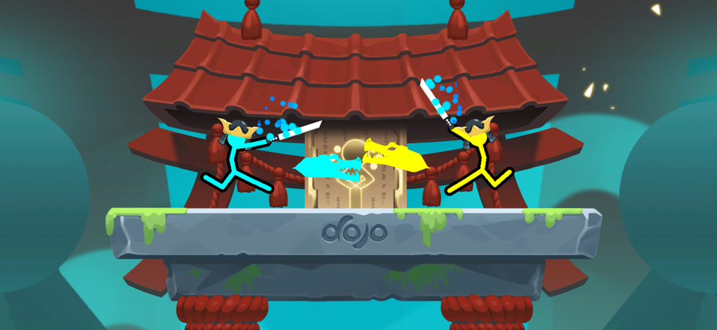 Two stickman characters battling with swords in a dojo arena in Supreme Duelist