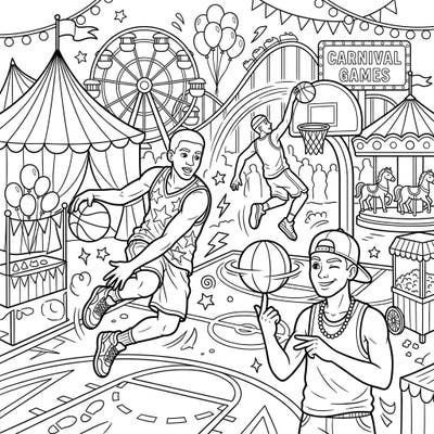 Get ready to bring vibrant life to a thrilling scene where streetball legends showcase their skills amidst the festive chaos of a carnival. This dynamic coloring page perfectly blends urban sports energy with classic fairground excitement, offering endless creative possibilities.