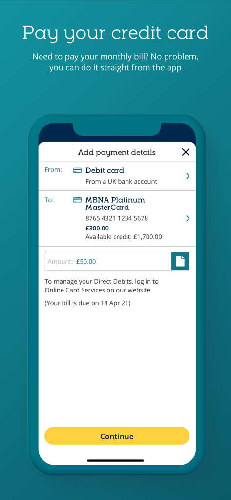 Interface of the MBNA Mobile App showing the 'Pay your credit card' screen with options to select a source debit card and a destination credit card to make a payment.
