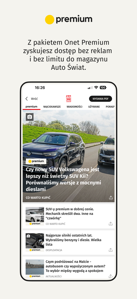 Onet - wiadomości - Interface of the Onet news app featuring premium automotive articles from Auto Swiat magazine in Polish