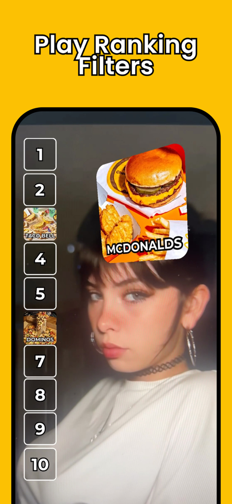A woman playing a fast food ranking AR filter game on the FilterTok mobile app.