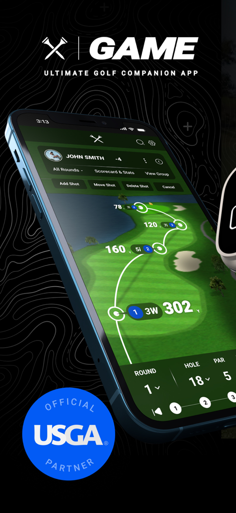 Blue Tees GAME App zeigt 3D-Golfplatz-Schlagverfolgung auf einem Smartphone mit dem offiziellen Logo des USGA-Partners.