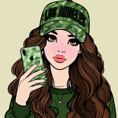 realistic beautiful girl wearing los ángeles cap holding an iphone