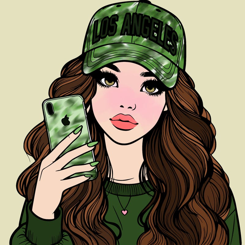 realistic beautiful girl wearing los ángeles cap holding an iphone