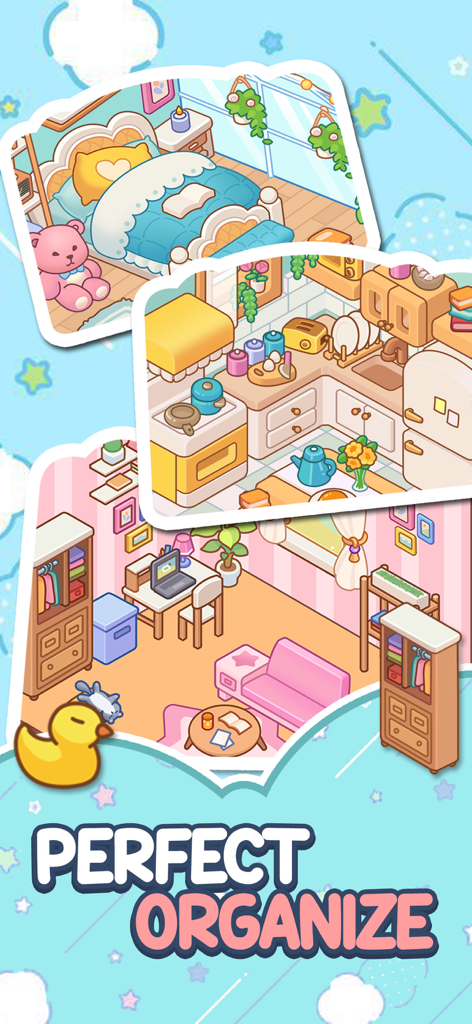 Tidy Home: Unpack and Decor - A showcase of organized pastel-colored rooms including a bedroom kitchen and living room in a cozy 2D art style