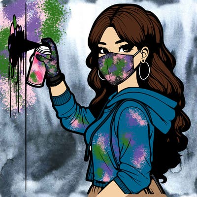 realistic girl with mask spray painting a wall