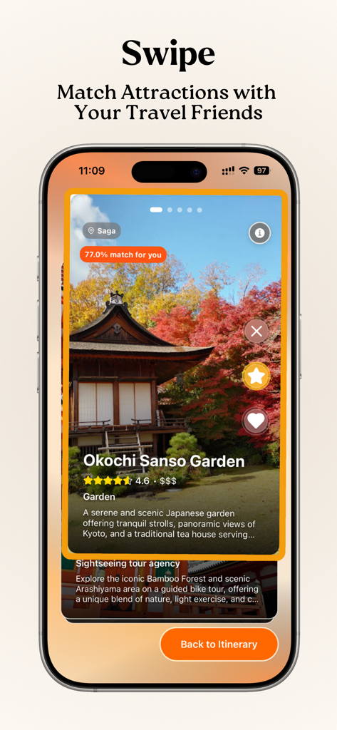 Roameo: Explore, Swipe, Go - Roameo app interface showing a swipe-to-match card for travel attractions to help friends plan group trips together
