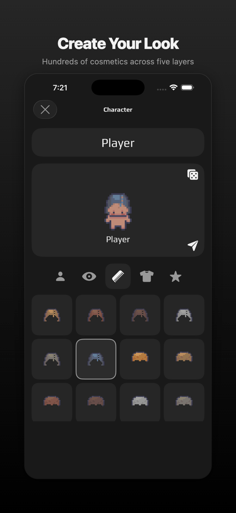 Peeps - For Friends & Couples - Tela de criação de avatar do aplicativo Peeps com personagem de pixel art e opções de personalização de cosméticos.