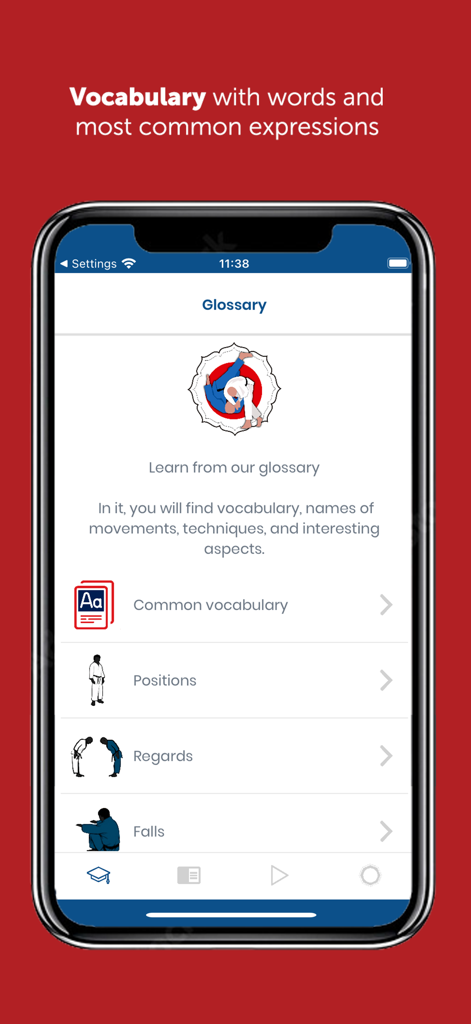 Judo Timer Gokyo - Glossary screen of the Judo Timer Gokyo app showing categories for common vocabulary, positions, regards, and falls.