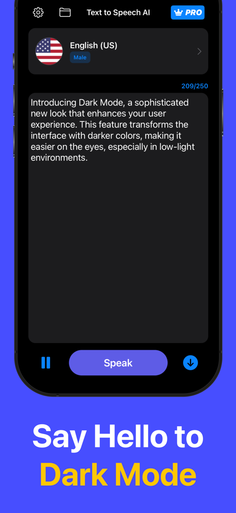 Text to Speech AIアプリのインターフェースにダークモードテーマとボイス選択オプションが表示されています。