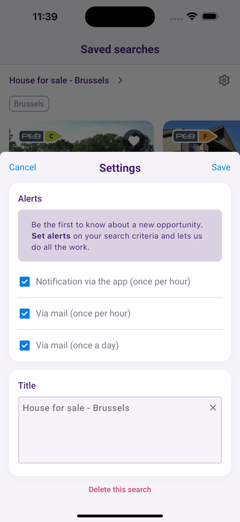 Immovlan - Immovlan app settings screen for managing saved search alerts and notification frequencies.