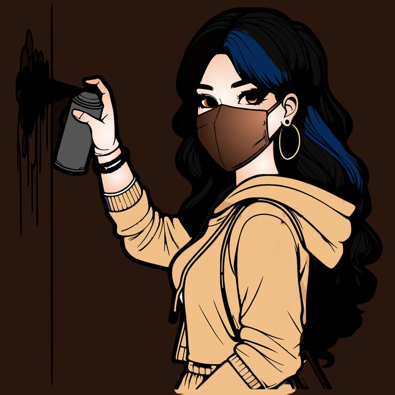 realistic girl with mask spray painting a wall