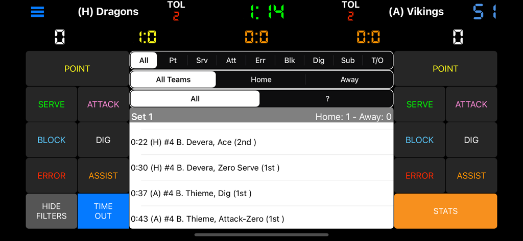 Volleyball Scorebook + Stats - Volleyball scorekeeping screen with live match event log and stat tracking buttons