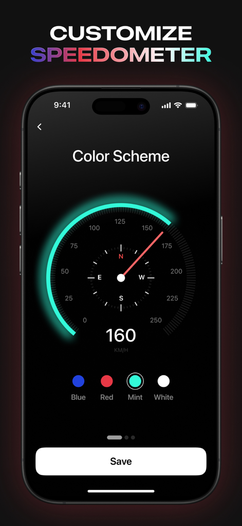 Speedometer GPS - MPH Tracker - Interface of the Speedometer GPS app showing the color scheme customization screen with blue, red, mint, and white options.