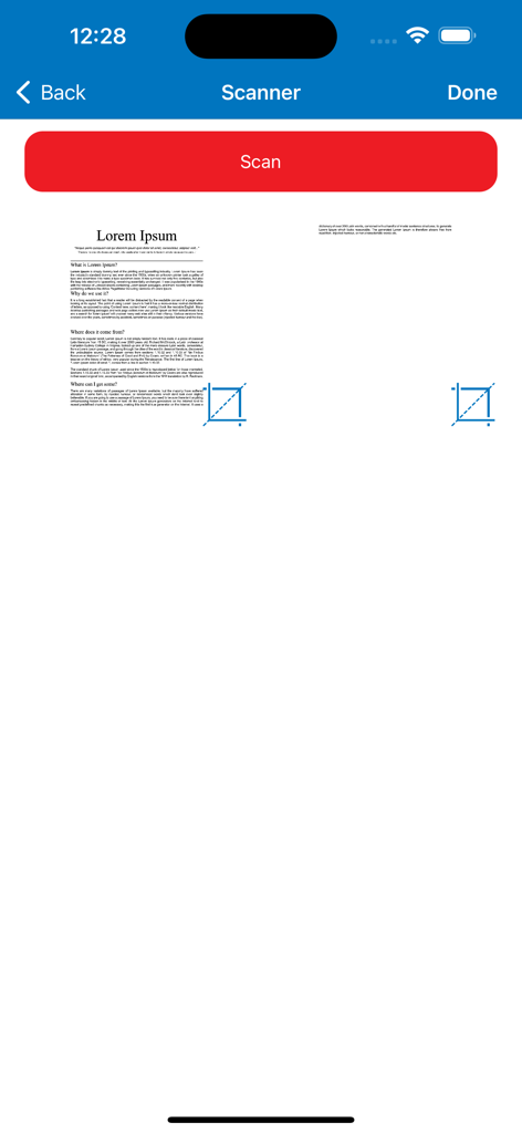 Mobile PDF Scanner – Scan Docs - Tela do aplicativo Scanner PDF Móvel mostrando a interface de digitalização de documentos com pré-visualizações.