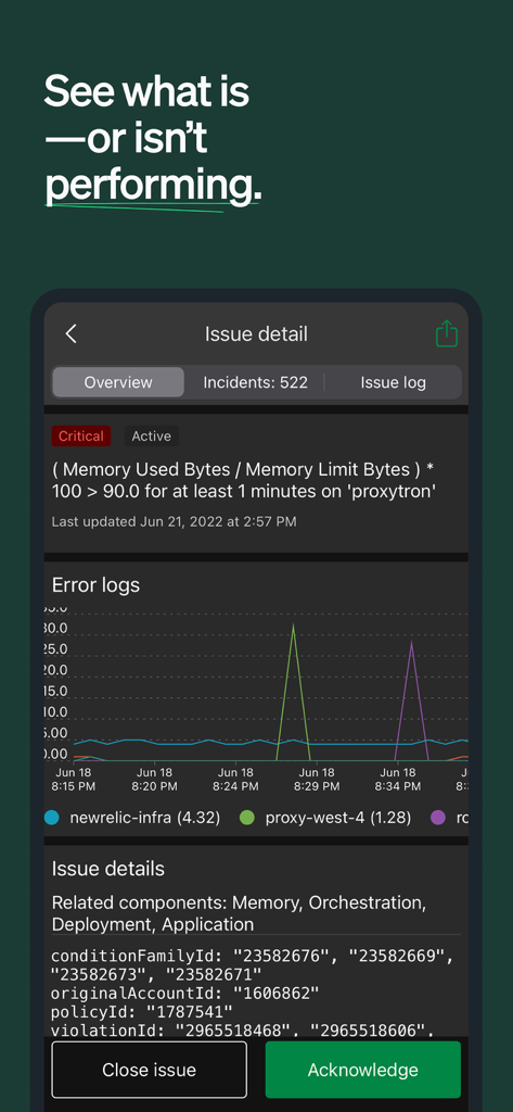 Interface do aplicativo móvel New Relic mostrando detalhes de um problema crítico com métricas de desempenho e gráficos de logs de erros.