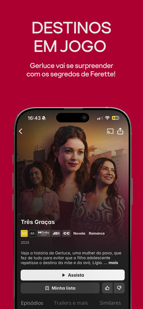 Globoplay: Novelas, séries e + - Globoplay app interface showing the detail page for the novela Tres Gracas