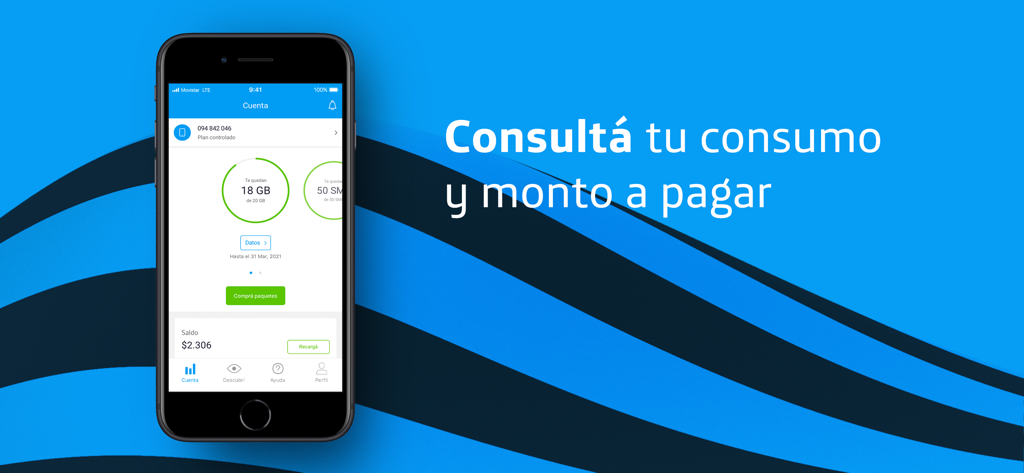 Mi Movistar Uruguay - Pantalla de iPhone mostrando el panel de cuenta de la app Mi Movistar Uruguay con detalles de uso de datos y saldo