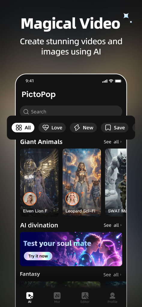 Interface of PictoPop AI video generator app featuring fantasy animal templates and AI divination