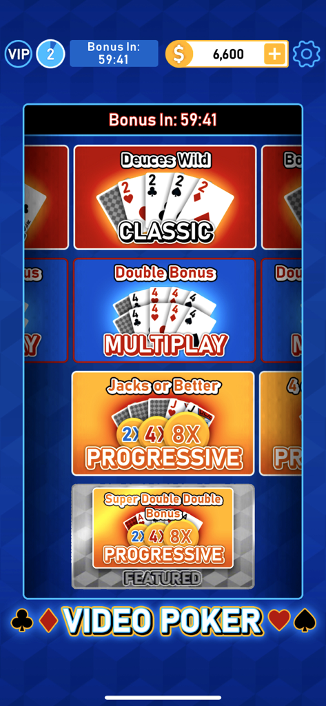 Video Poker Multi Bonus - A menu showing different video poker modes including Classic Deuces Wild and Progressive Jacks or Better