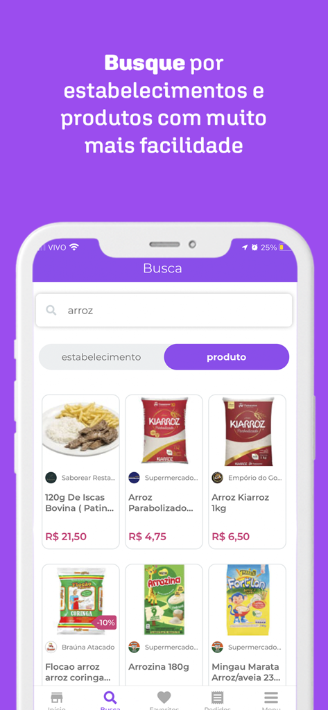 Quero Delivery - Screenshot of Quero Delivery app showing product search results for rice and Brazilian food products.