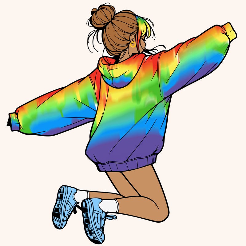 realistic girl jumping with a bun and oversized sweatshirt