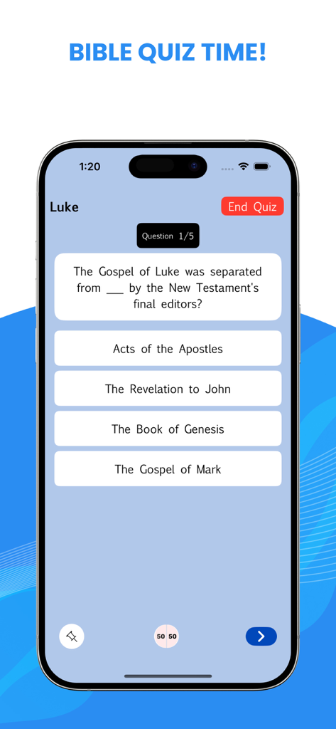 Amplified Bible - Pantalla de smartphone que muestra una pregunta de examen bíblico de la aplicación Biblia Amplificada.