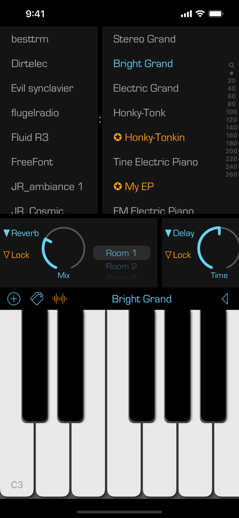 SoundFonts - Interfaz de la aplicación iOS de SoundFonts mostrando sonidos de teclado de piano y controles de efectos de audio