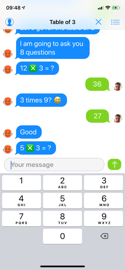 Math Chat - my robot teacher - Interactive chat interface where a robot teacher asks multiplication questions and the user provides answers using a numeric keypad